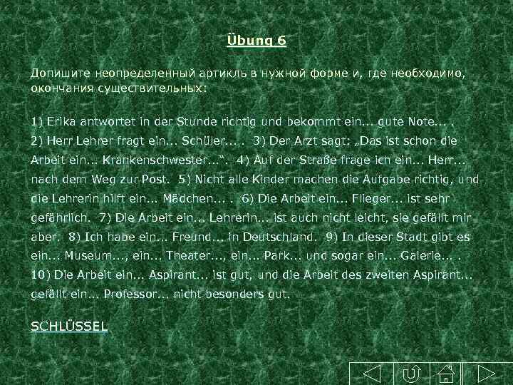 Übung 6 Допишите неопределенный артикль в нужной форме и, где необходимо, окончания существительных: 1)