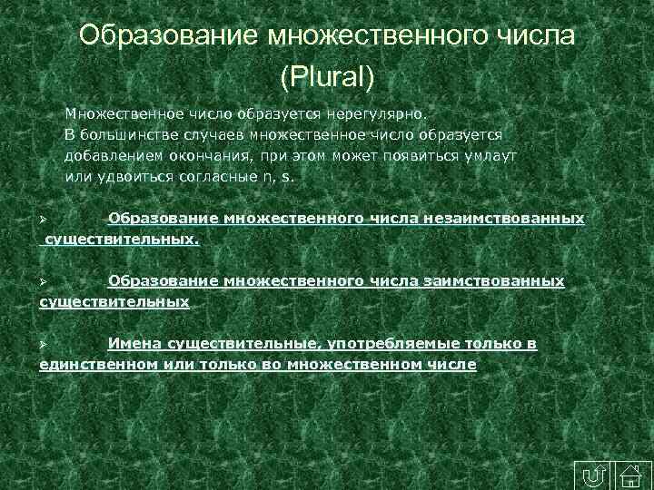 Образование множественного числа (Plural) Множественное число образуется нерегулярно. В большинстве случаев множественное число образуется