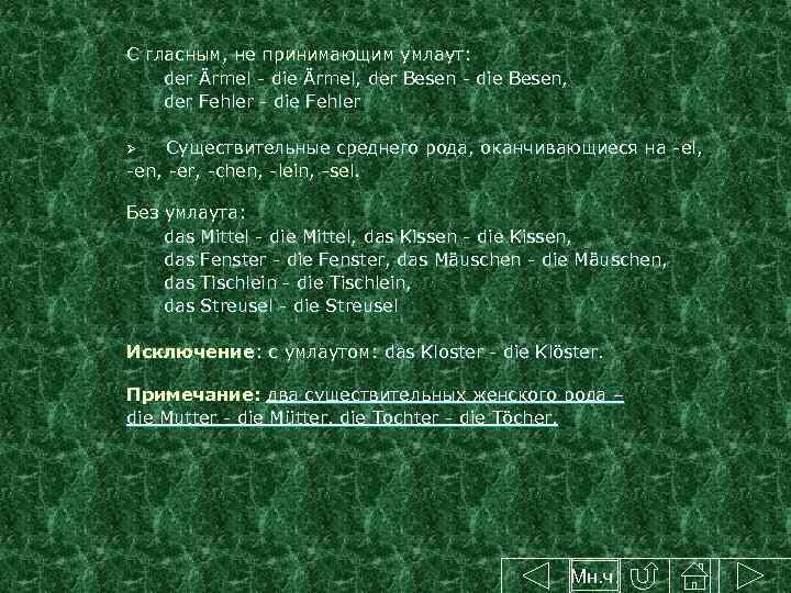 С гласным, не принимающим умлаут: der Ärmel - die Ärmel, der Besen - die