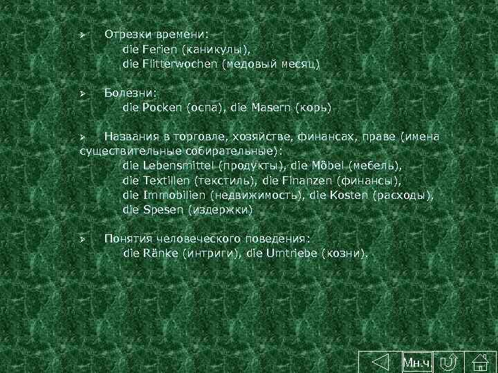 Отрезки времени: die Ferien (каникулы), die Flitterwochen (медовый месяц) Ø Болезни: die Pocken (оспа),