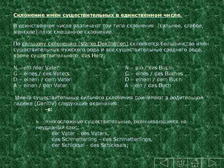 Склонение имен существительных в единственном числе. В единственном числе различают три типа склонения (сильное,