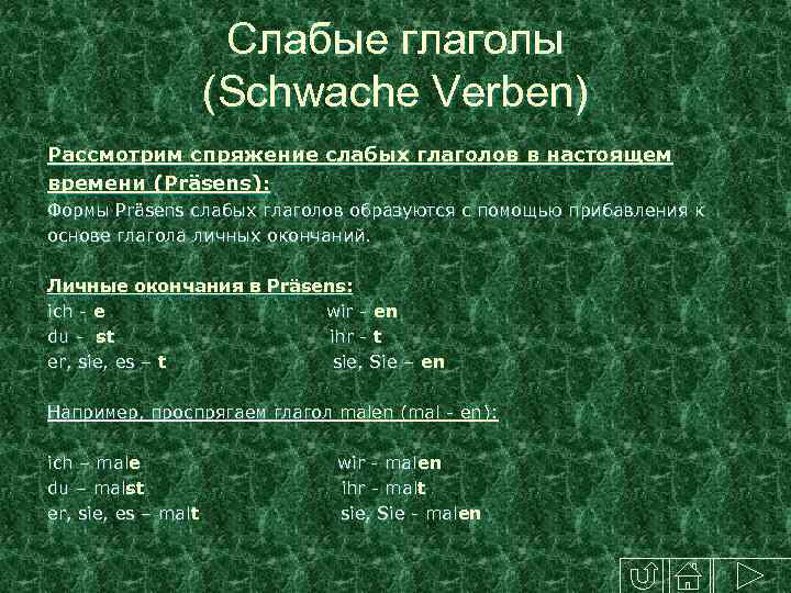 Слабые глаголы (Schwache Verben) Рассмотрим спряжение слабых глаголов в настоящем времени (Präsens): Формы Präsens