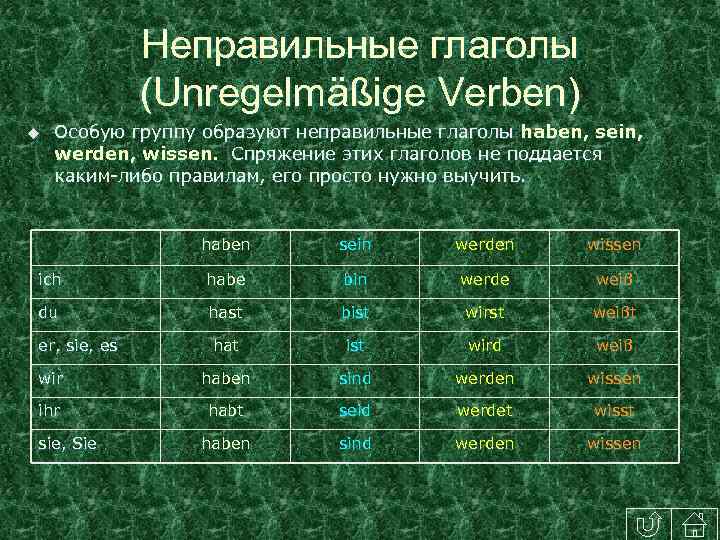 Неправильные глаголы (Unregelmäßige Verben) u Особую группу образуют неправильные глаголы haben, sein, werden, wissen.