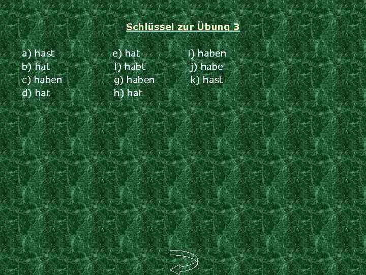 Schlüssel zur Übung 3 a) hast e) hat i) haben b) hat f) habt