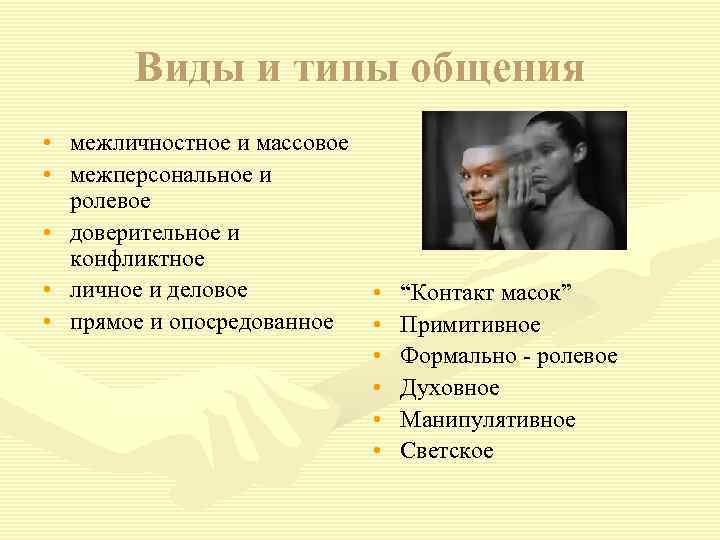 Виды и типы общения • межличностное и массовое • межперсональное и ролевое • доверительное