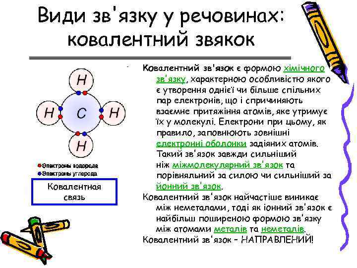 Види зв'язку у речовинах: ковалентний звякок Ковалентная связь Ковалентний зв'язок є формою хімічного зв'язку,