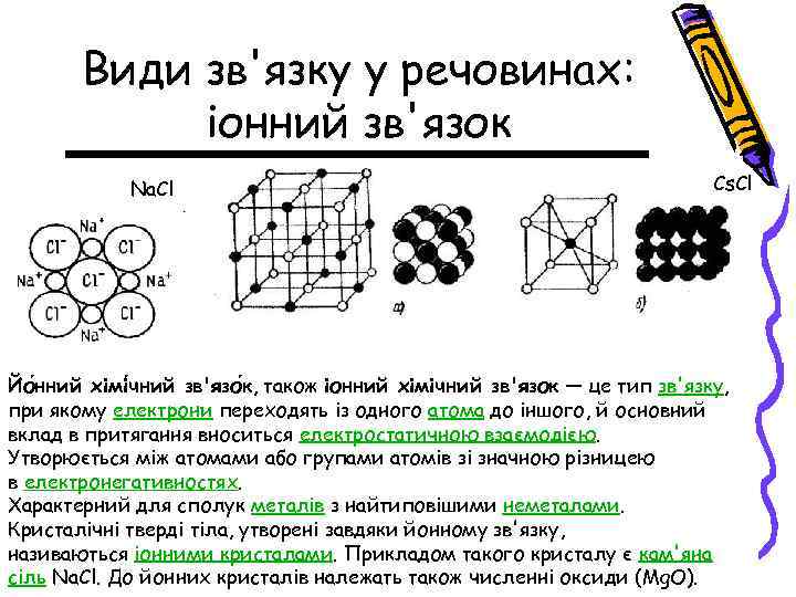 Види зв'язку у речовинах: іонний зв'язок Na. Cl Cs. Cl Йо нний хімі чний