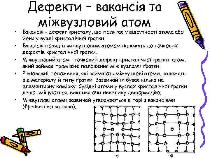  • • • Дефекти – вакансія та міжвузловий атом Вакансія - дефект кристалу,