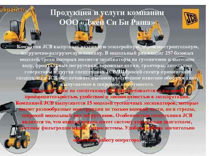 Продукция и услуги компании ООО «Джей Си Би Раша» Компания JCB выпускает различную землеройную,