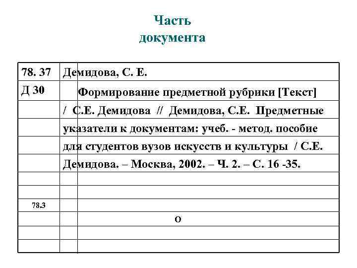 Часть документа 78. 37 Демидова, С. Е. Д 30 Формирование предметной рубрики [Текст] /