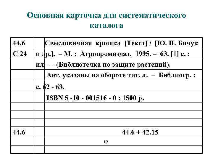 Основная карточка для систематического каталога 44. 6 С 24 Свекловичная крошка [Текст] / [Ю.