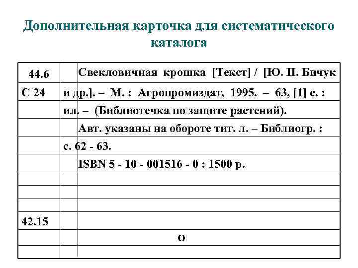 Дополнительная карточка для систематического каталога Свекловичная крошка [Текст] / [Ю. П. Бичук 44. 6