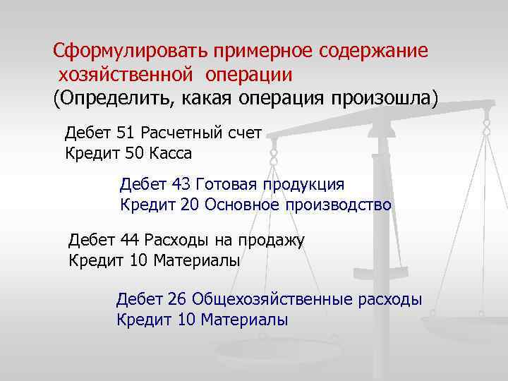 Сформулировать примерное содержание хозяйственной операции (Определить, какая операция произошла) Дебет 51 Расчетный счет Кредит