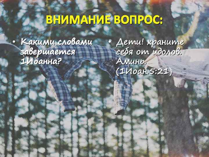 ВНИМАНИЕ ВОПРОС: • Какими словами завершается 1 Иоанна? • Дети! храните себя от идолов.