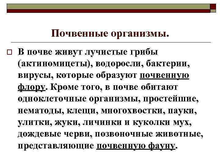 Почвенные организмы. o В почве живут лучистые грибы (актиномицеты), водоросли, бактерии, вирусы, которые образуют