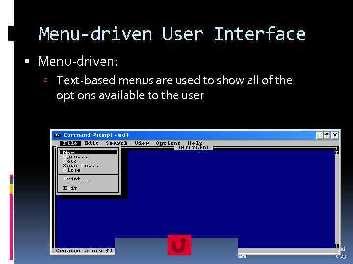 Menu-driven User Interface Menu-driven: Text-based menus are used to show all of the options