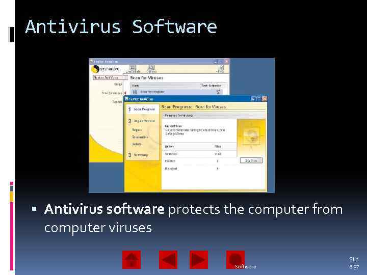 Antivirus Software Antivirus software protects the computer from computer viruses Software Slid e 37