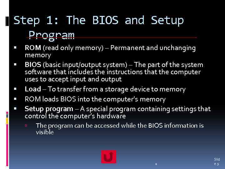Step 1: The BIOS and Setup Program ROM (read only memory) – Permanent and