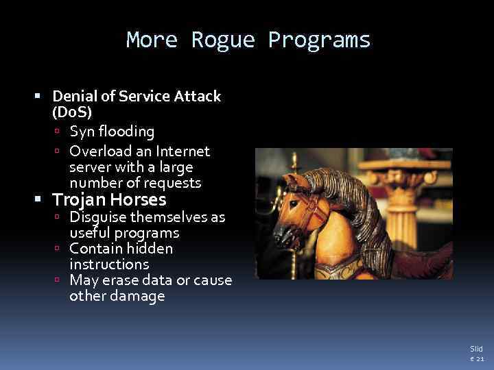 More Rogue Programs Denial of Service Attack (Do. S) Syn flooding Overload an Internet