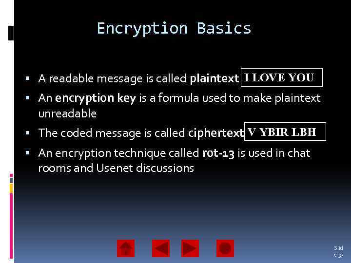 Encryption Basics A readable message is called plaintext I LOVE YOU An encryption key