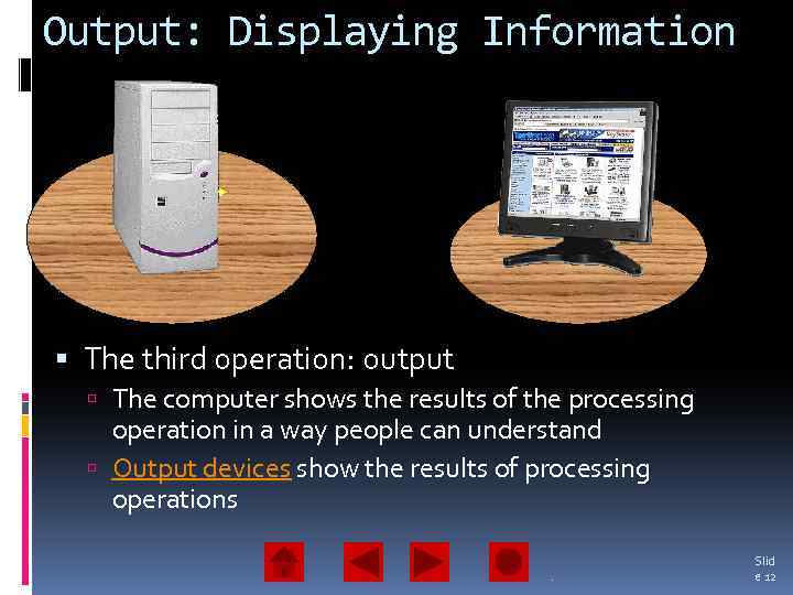 Output: Displaying Information The third operation: output The computer shows the results of the