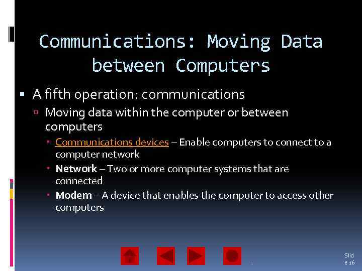 Communications: Moving Data between Computers A fifth operation: communications Moving data within the computer