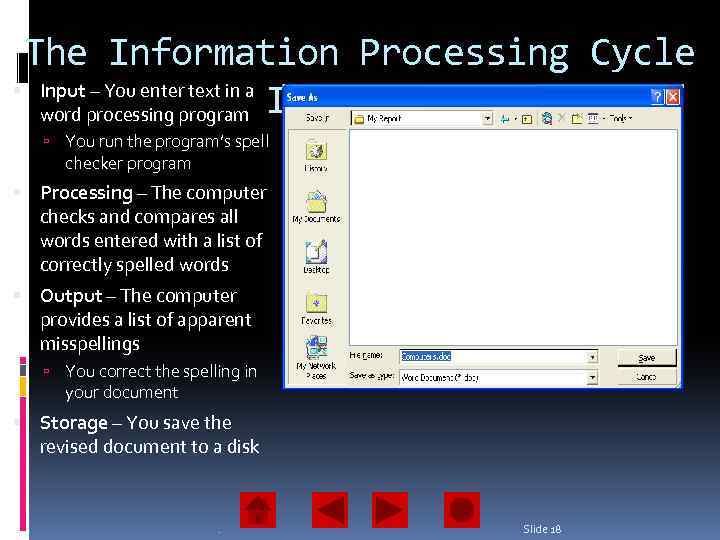 The Information Processing Cycle Input – You enter text in a word processing program