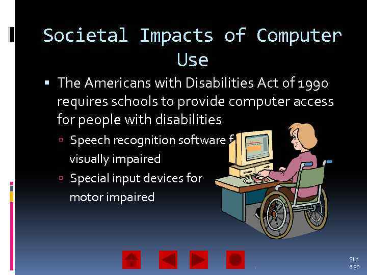 Societal Impacts of Computer Use The Americans with Disabilities Act of 1990 requires schools