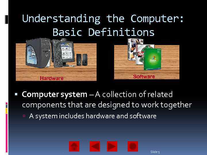 Understanding the Computer: Basic Definitions Hardware Software Computer system – A collection of related