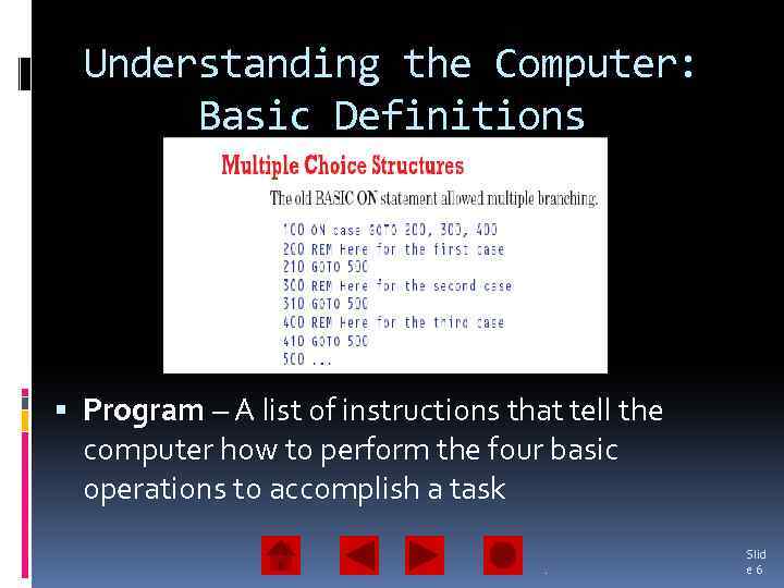 Understanding the Computer: Basic Definitions Program – A list of instructions that tell the