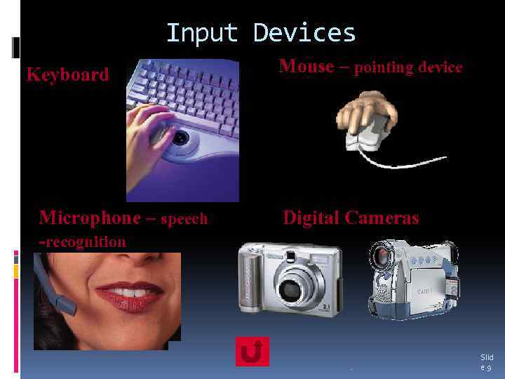 Input Devices Keyboard Microphone – speech -recognition Mouse – pointing device Digital Cameras .