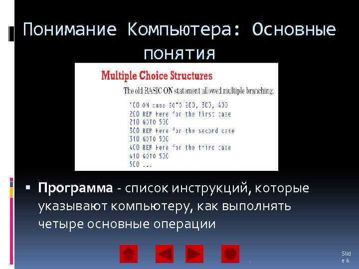 Понимание Компьютера: Основные понятия Программа - список инструкций, которые указывают компьютеру, как выполнять четыре