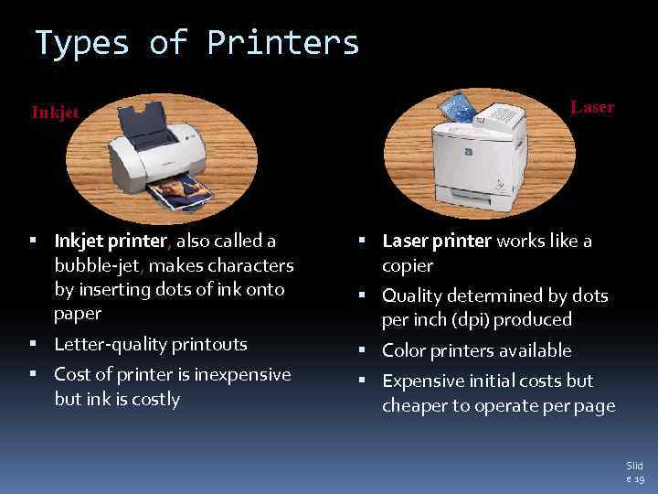 Types of Printers Inkjet Laser Inkjet printer, also called a bubble-jet, makes characters by