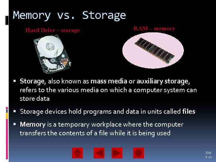 Memory vs. Storage Hard Drive – storage RAM – memory Storage, also known as