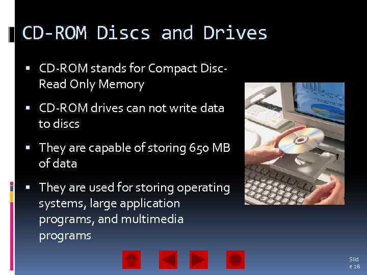 CD-ROM Discs and Drives CD-ROM stands for Compact Disc. Read Only Memory CD-ROM drives
