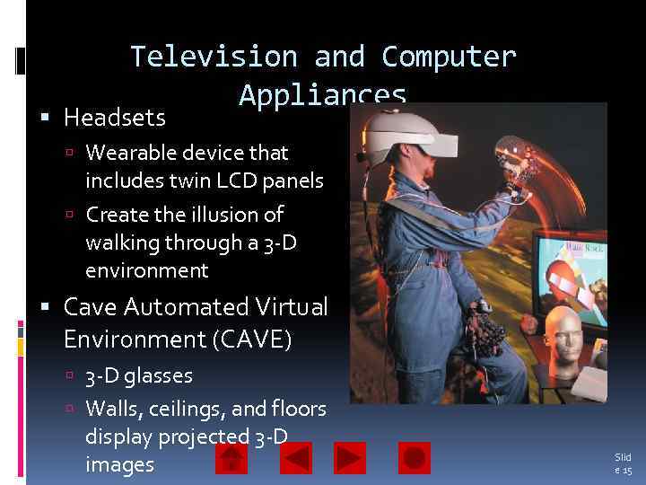 Television and Computer Appliances Headsets Wearable device that includes twin LCD panels Create the