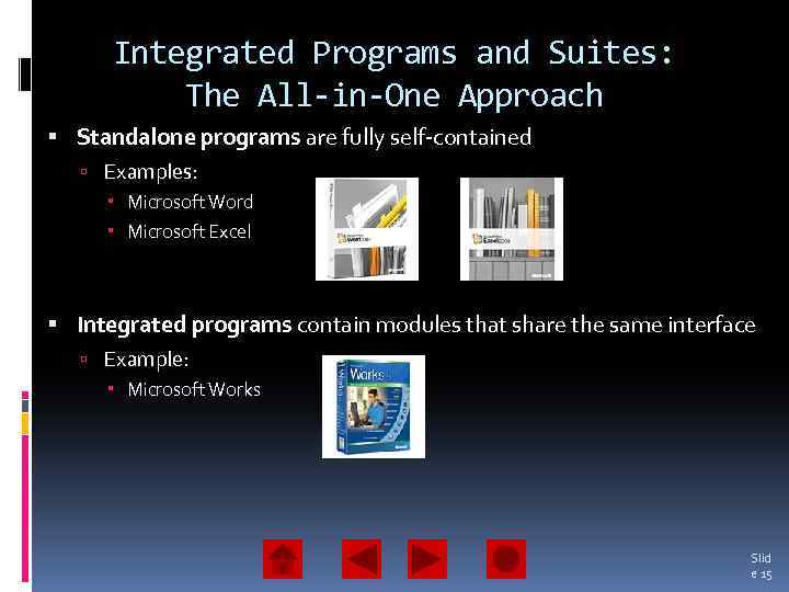 Integrated Programs and Suites: The All-in-One Approach Standalone programs are fully self-contained Examples: Microsoft