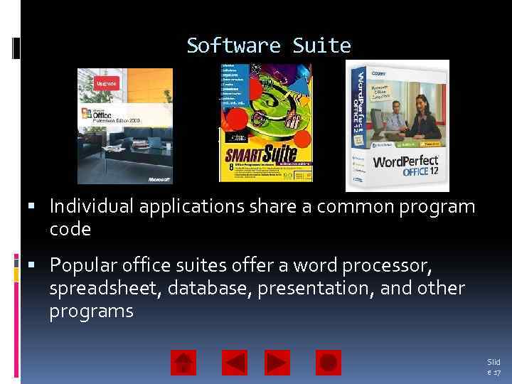 Software Suite Individual applications share a common program code Popular office suites offer a