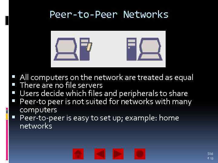 Peer-to-Peer Networks All computers on the network are treated as equal There are no