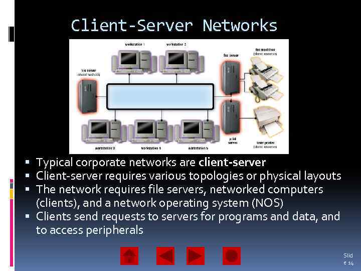 Client-Server Networks Typical corporate networks are client-server Client-server requires various topologies or physical layouts
