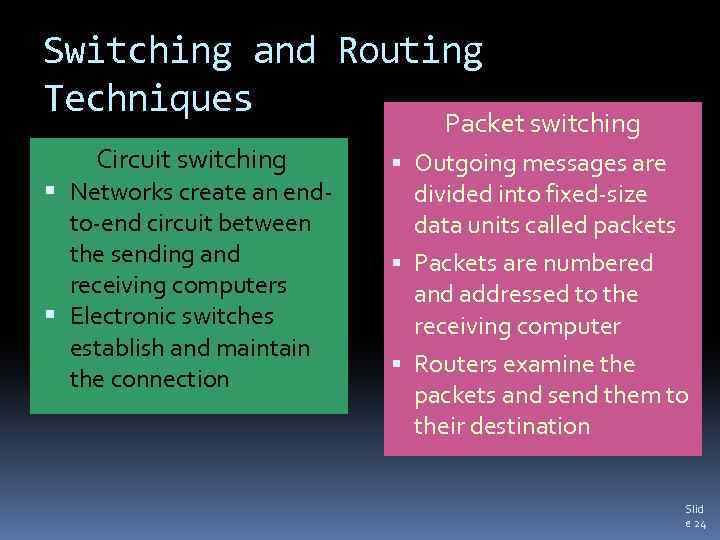 Switching and Routing Techniques Packet switching Circuit switching Networks create an endto-end circuit between