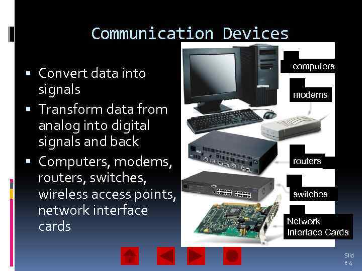 Communication Devices Convert data into signals Transform data from analog into digital signals and