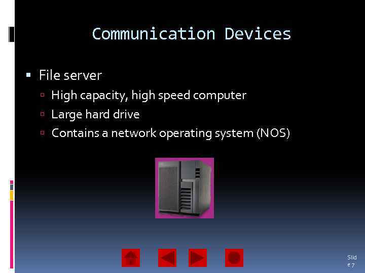 Communication Devices File server High capacity, high speed computer Large hard drive Contains a