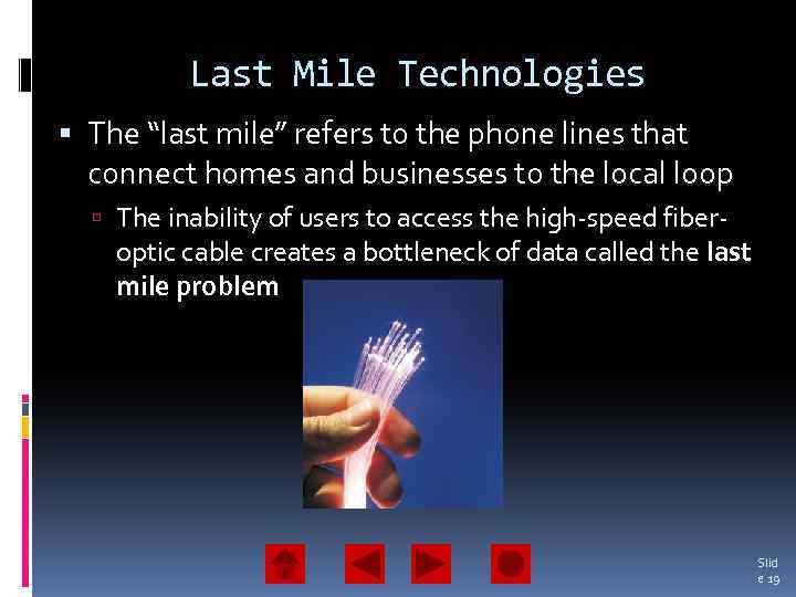Last Mile Technologies The “last mile” refers to the phone lines that connect homes