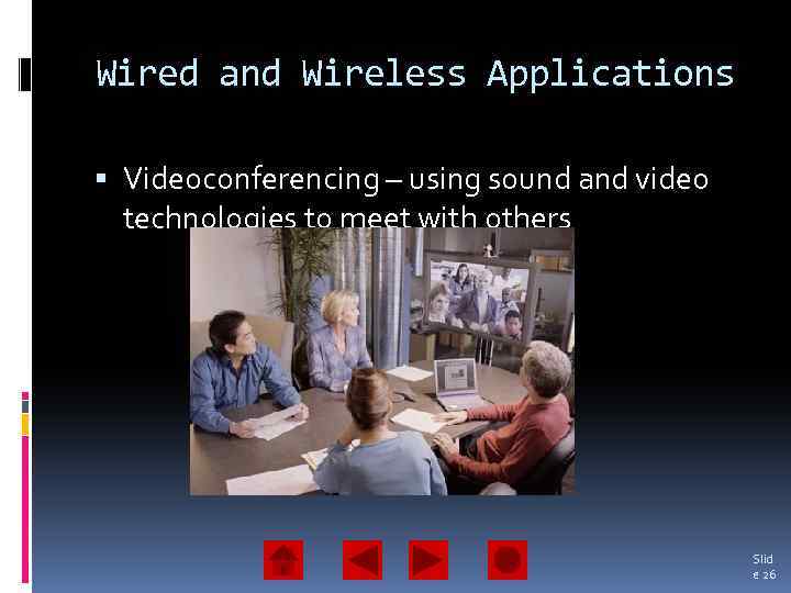 Wired and Wireless Applications Videoconferencing – using sound and video technologies to meet with