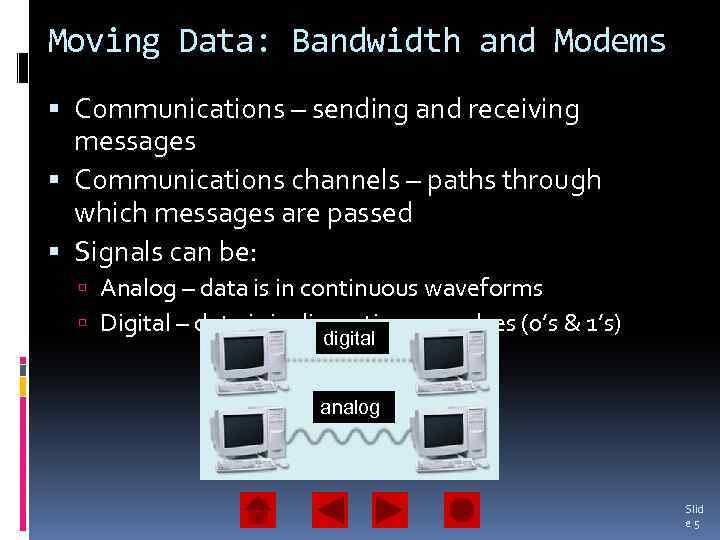 Moving Data: Bandwidth and Modems Communications – sending and receiving messages Communications channels –
