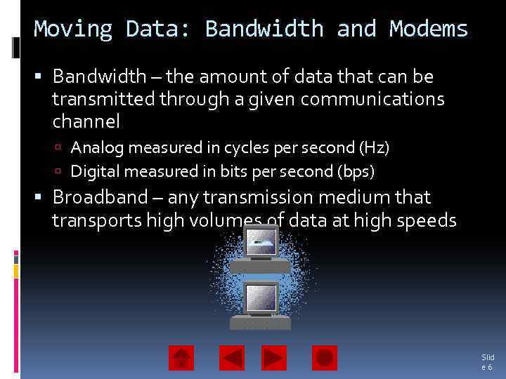 Moving Data: Bandwidth and Modems Bandwidth – the amount of data that can be