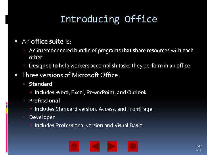 Introducing Office An office suite is: An interconnected bundle of programs that share resources