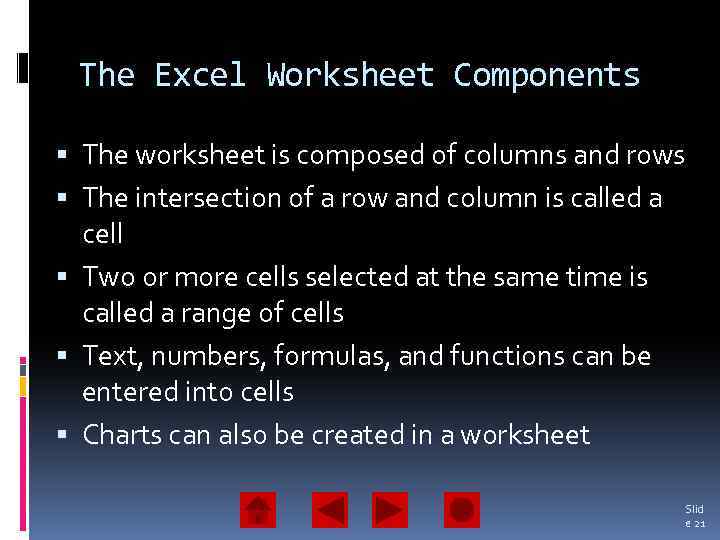 The Excel Worksheet Components The worksheet is composed of columns and rows The intersection