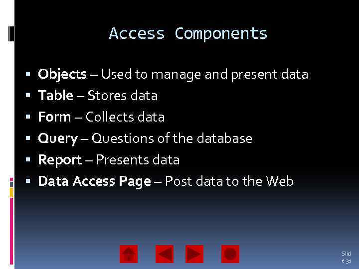 Access Components Objects – Used to manage and present data Table – Stores data